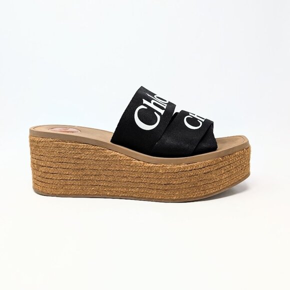 CHLOÉ Woody Wedge Espadrille Platform Sandal Black Canvas Logo Strap EU 41 US 11 - Picture 3 of 9
